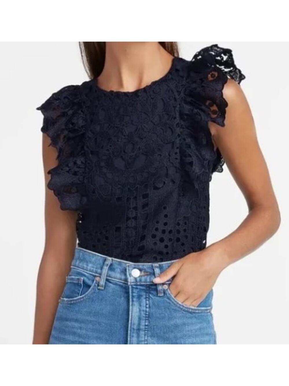 New EXPRESS Chunky Lace Flutter Sleeve Top in Navy Blue Small